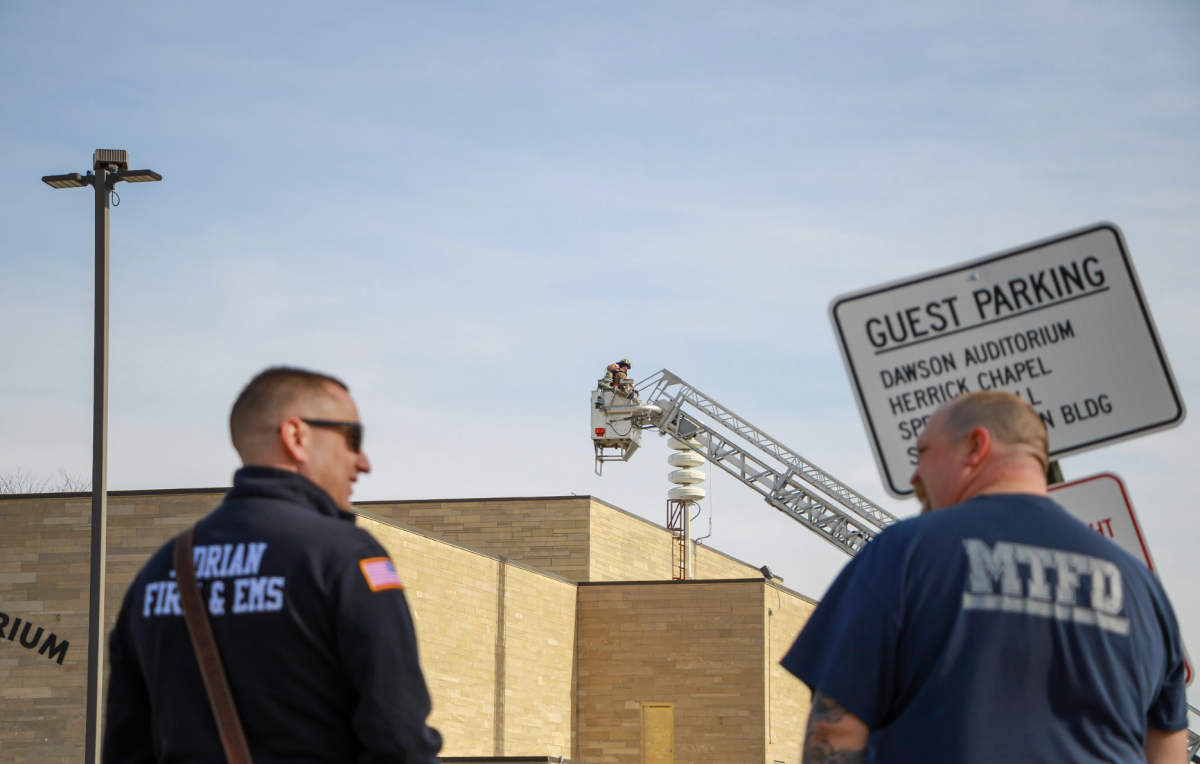 A firefighter is lifted to deal with the situation.